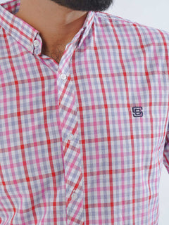 White & Red Check Button Down Casual Shirt (CSC-199)
