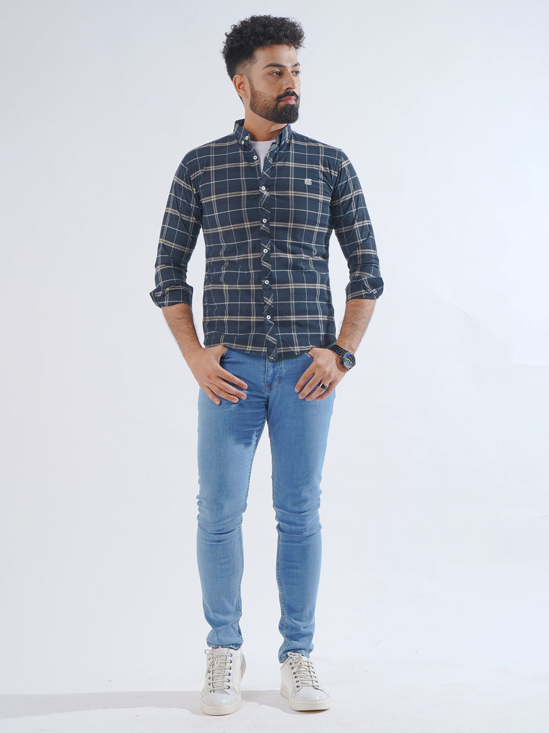 Navy Blue Check Button Down Casual Shirt (CSC-202)