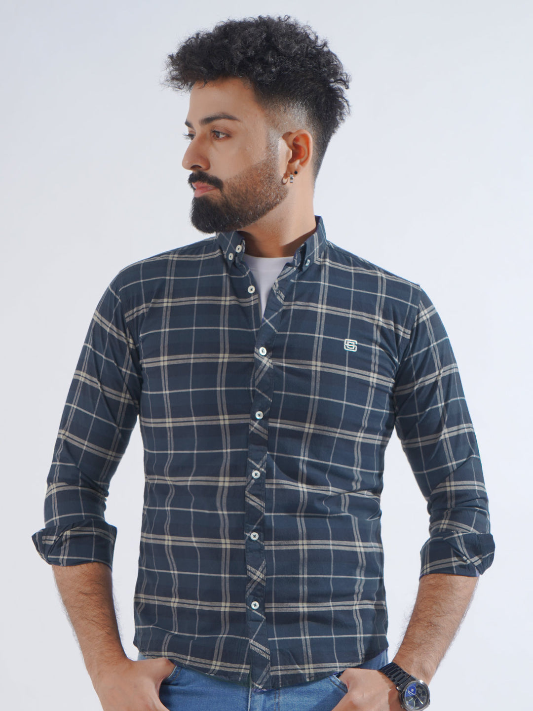 Navy Blue Check Button Down Casual Shirt (CSC-202)