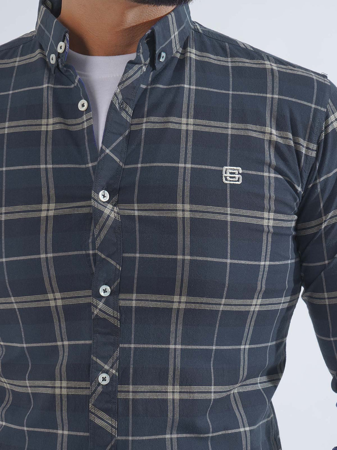 Navy Blue Check Button Down Casual Shirt (CSC-202)