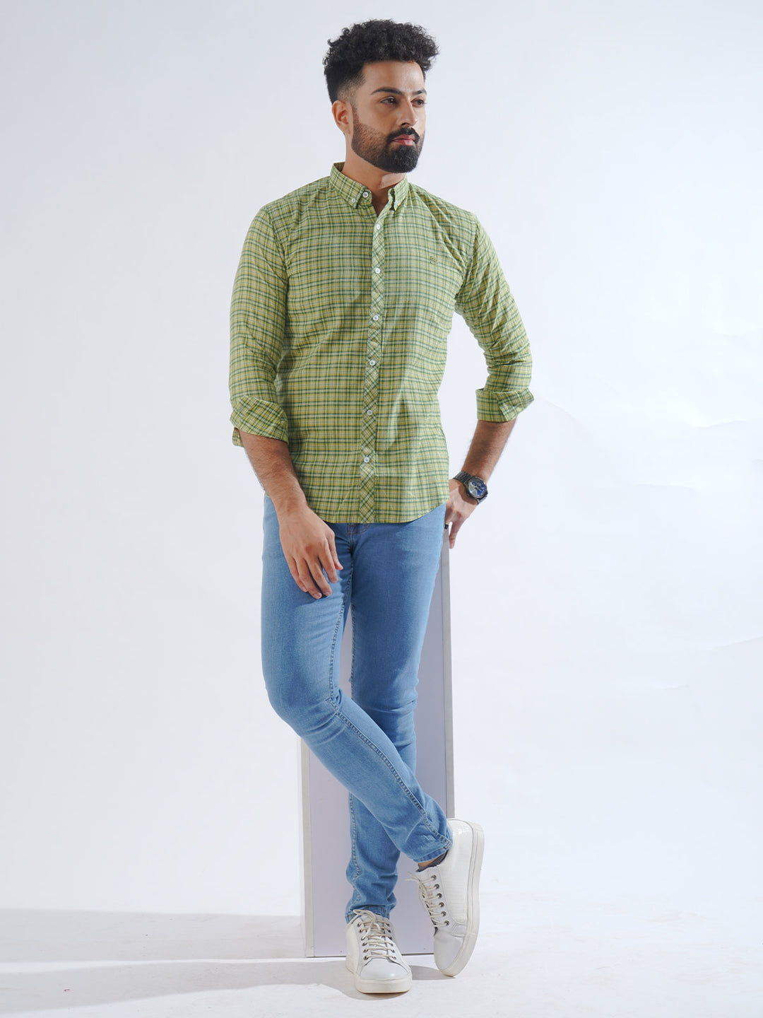 Grass Green Check Button Down Casual Shirt (CSC-205)