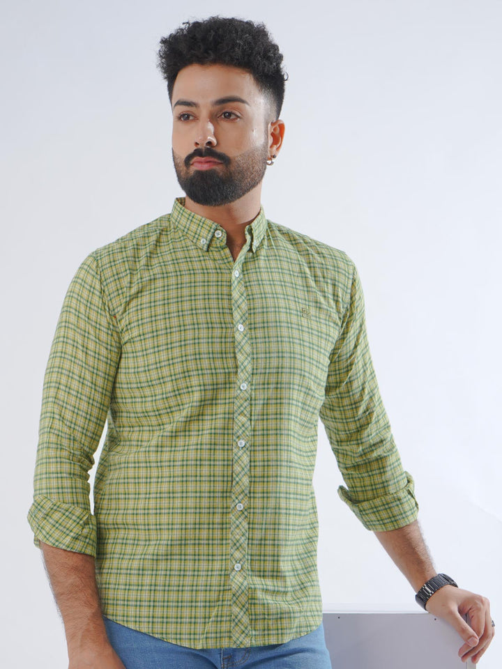 Grass Green Check Button Down Casual Shirt (CSC-205)