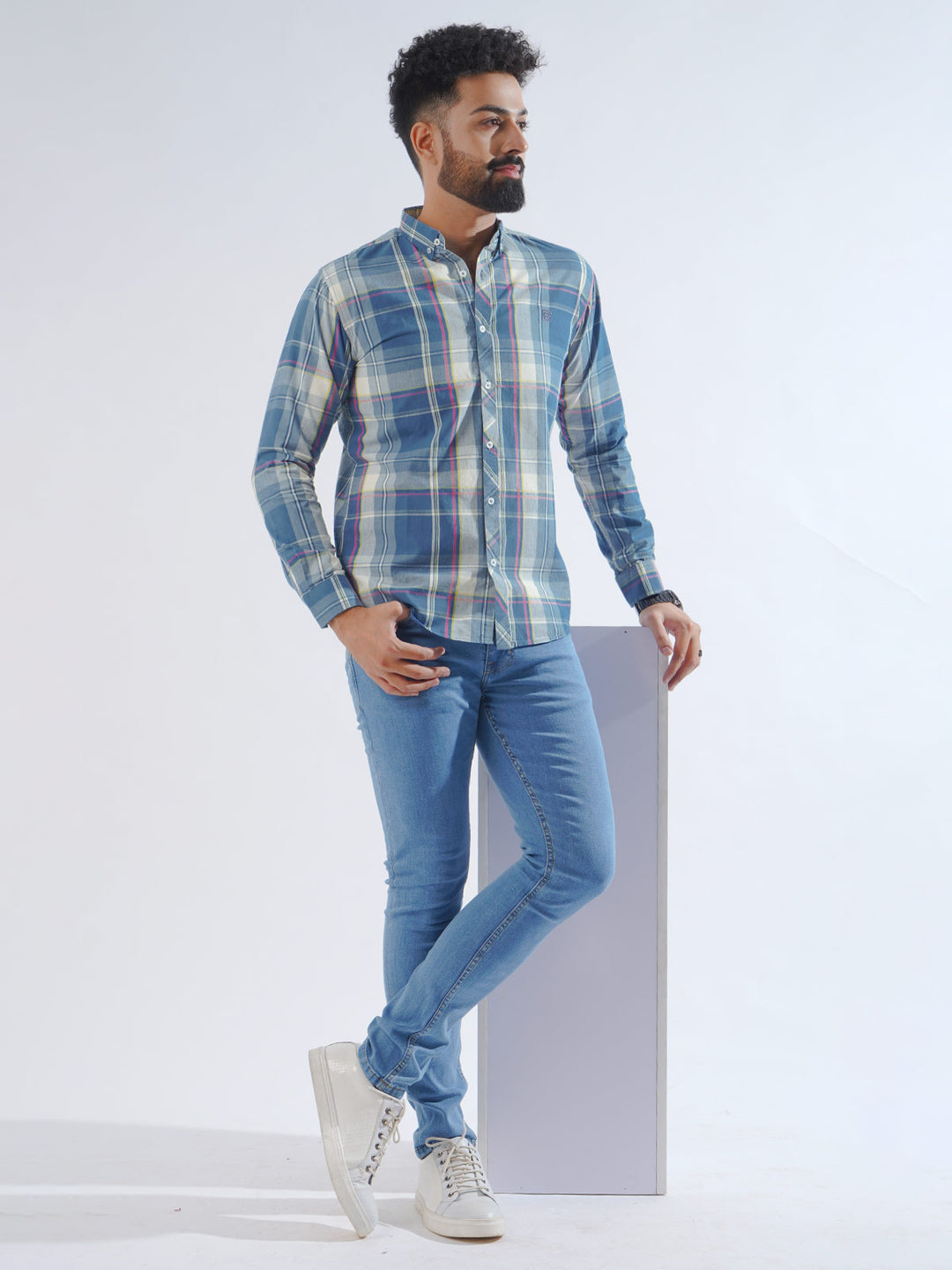 Blue Check Button Down Casual Shirt (CSC-206)