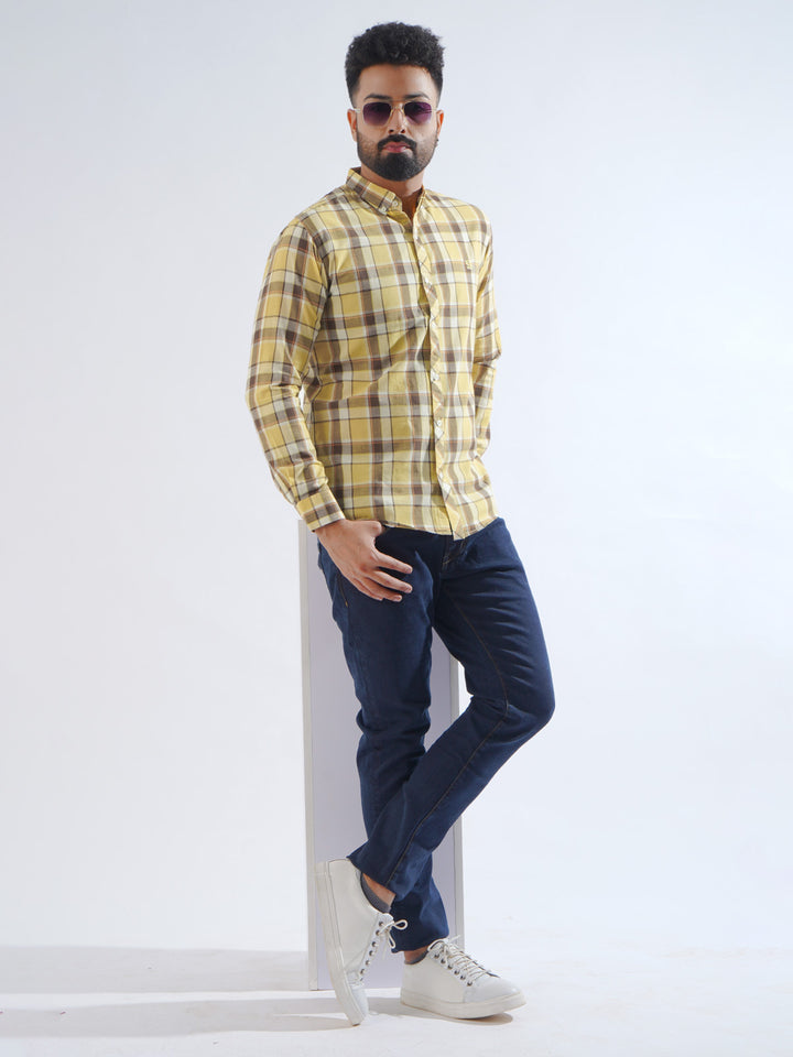 Light Brown Check Button Down Casual Shirt (CSC-207)