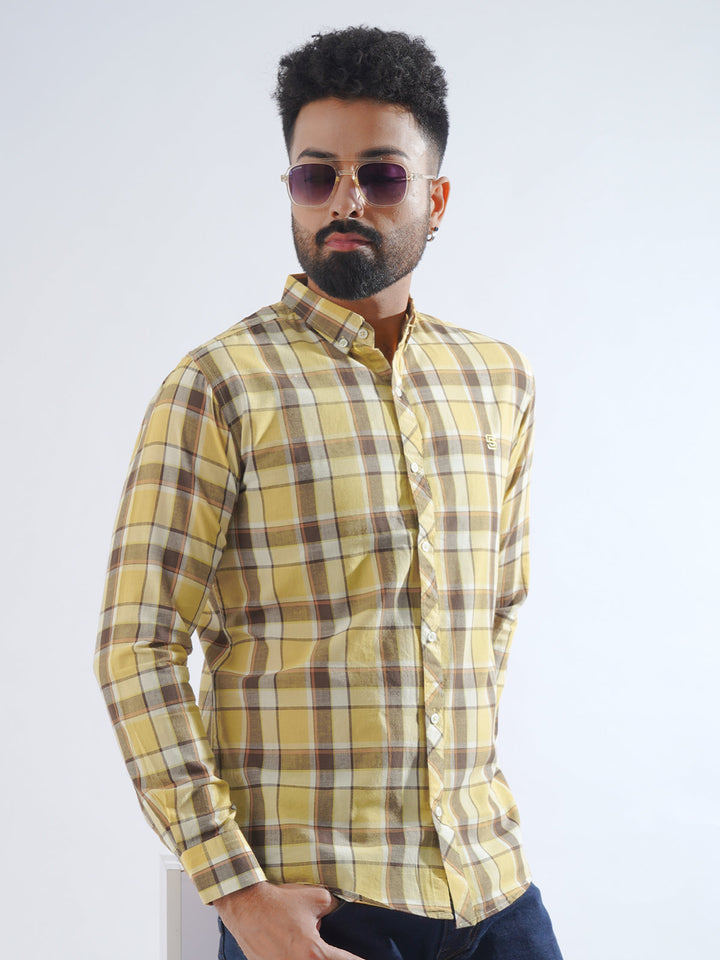 Light Brown Check Button Down Casual Shirt (CSC-207)