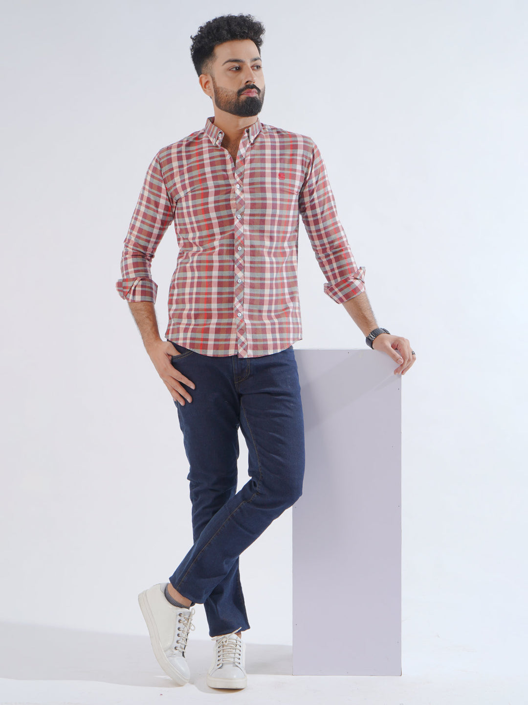 Red Check Button Down Casual Shirt (CSC-209)