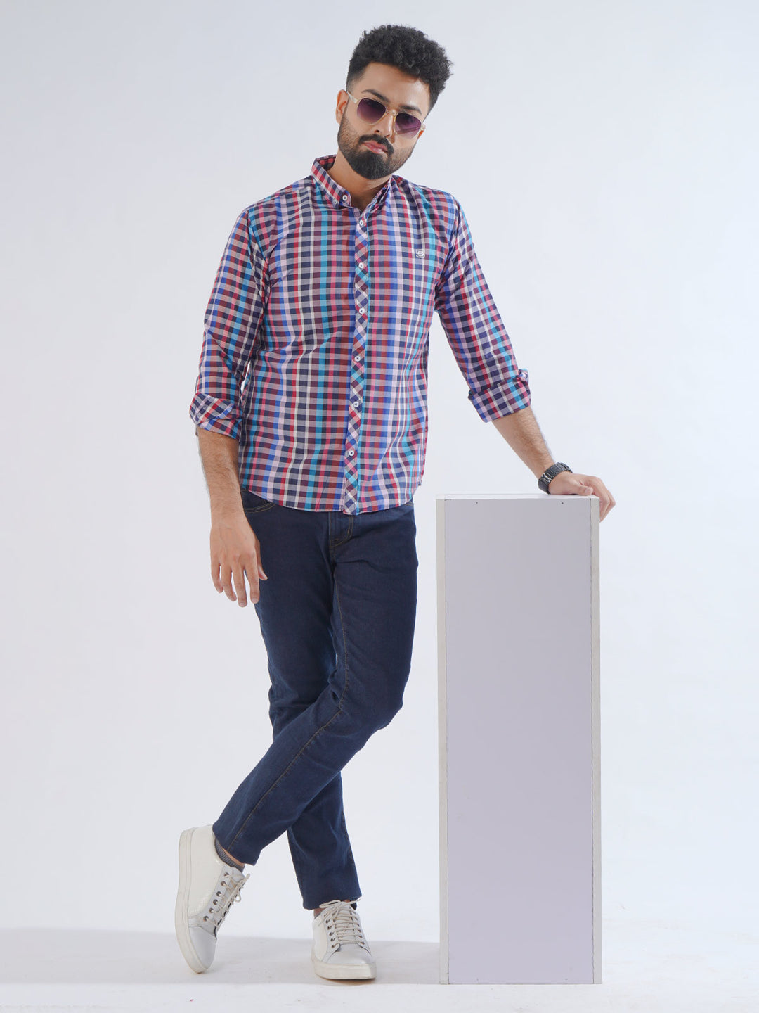 Navy Blue Check Button Down Casual Shirt (CSC-213)