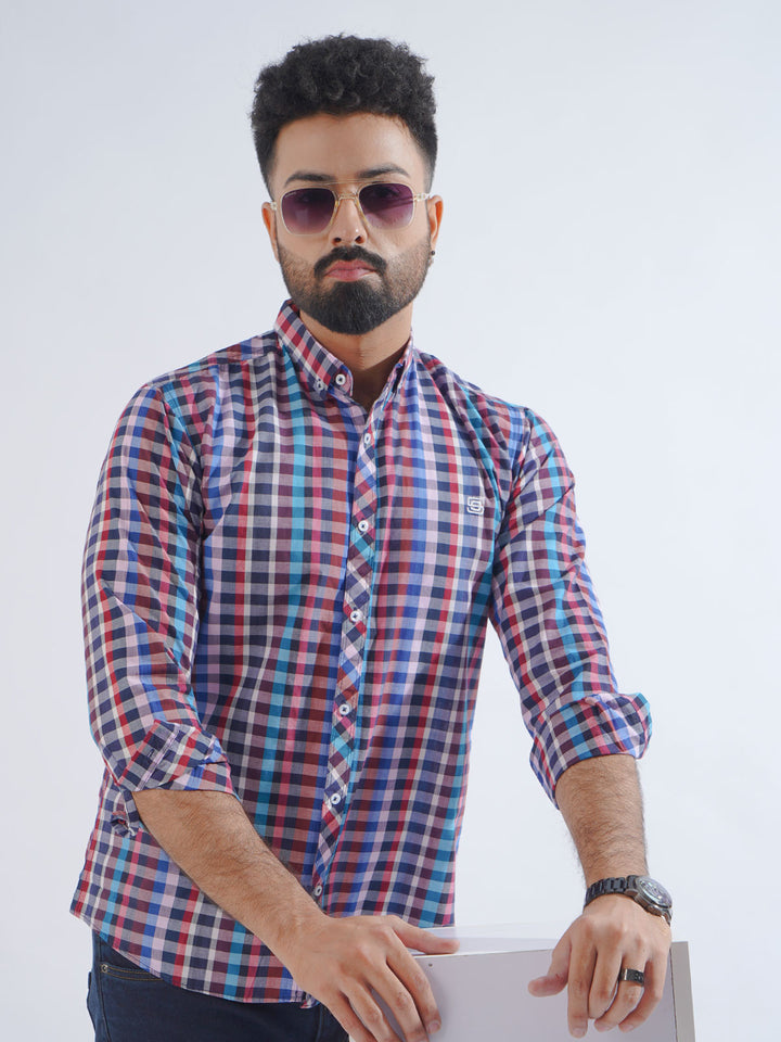 Navy Blue Check Button Down Casual Shirt (CSC-213)