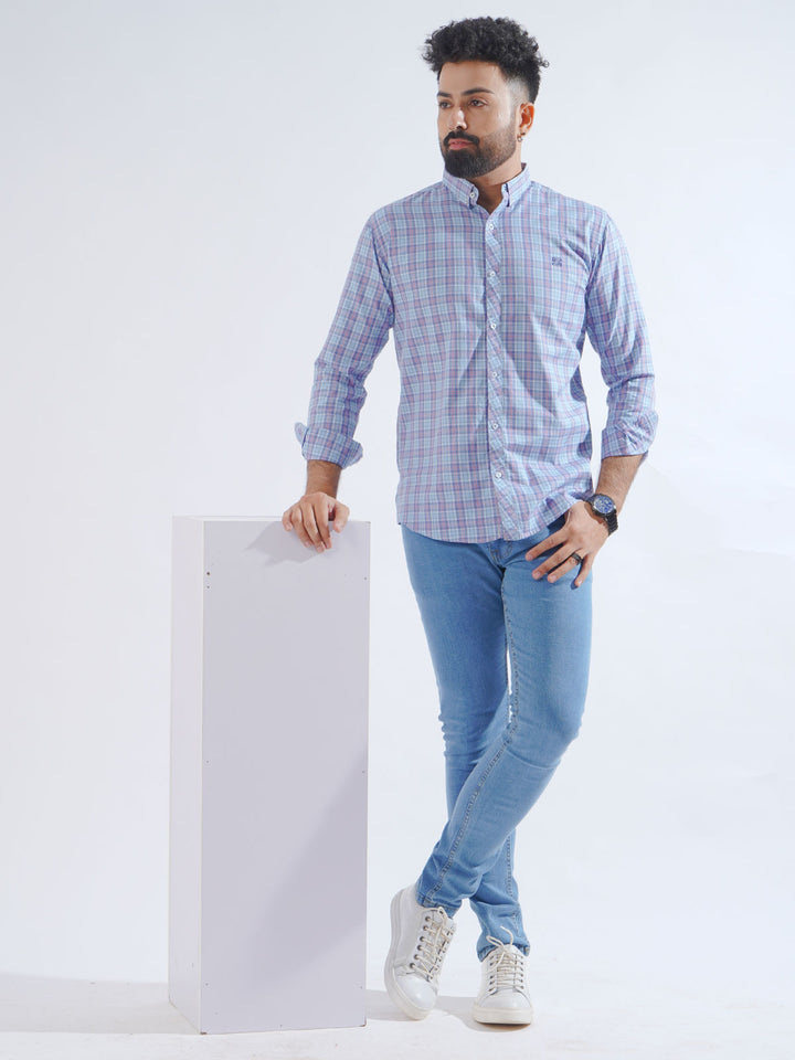 Navy Blue Check Button Down Casual Shirt (CSC-214)