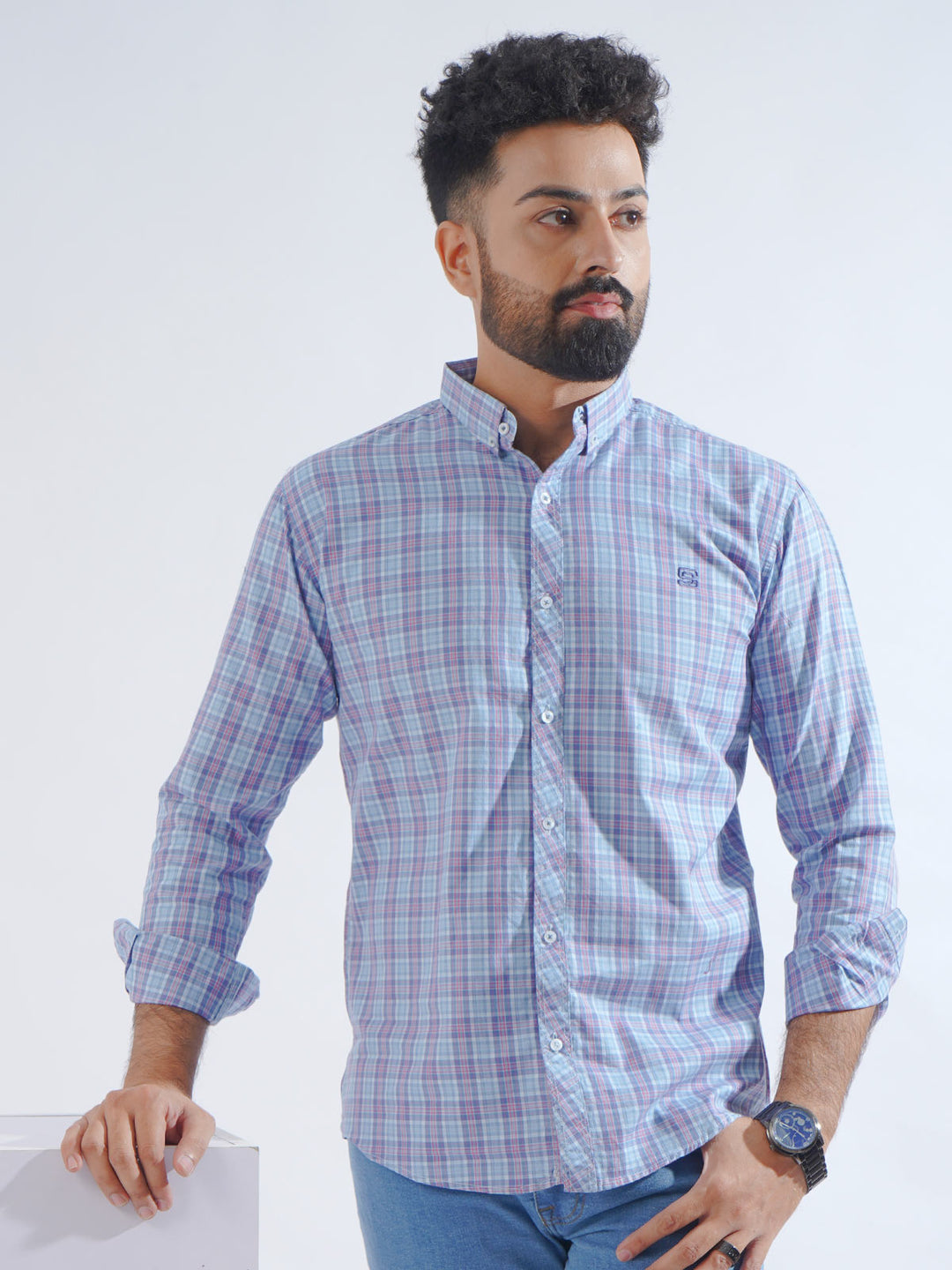 Navy Blue Check Button Down Casual Shirt (CSC-214)