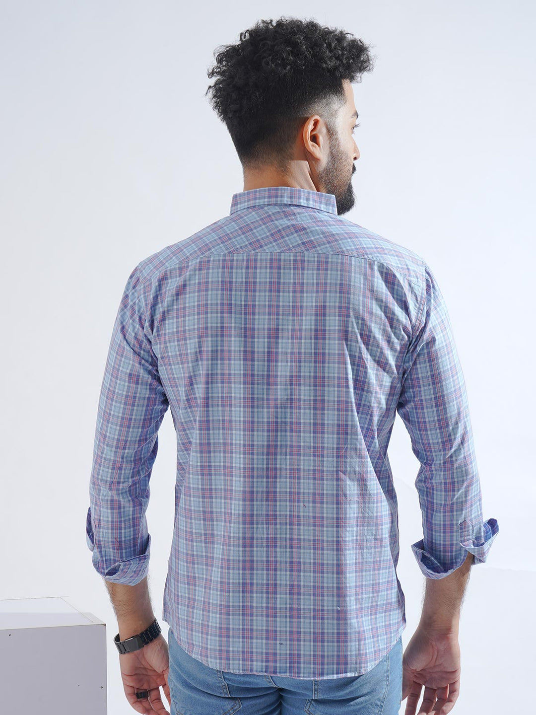 Navy Blue Check Button Down Casual Shirt (CSC-214)