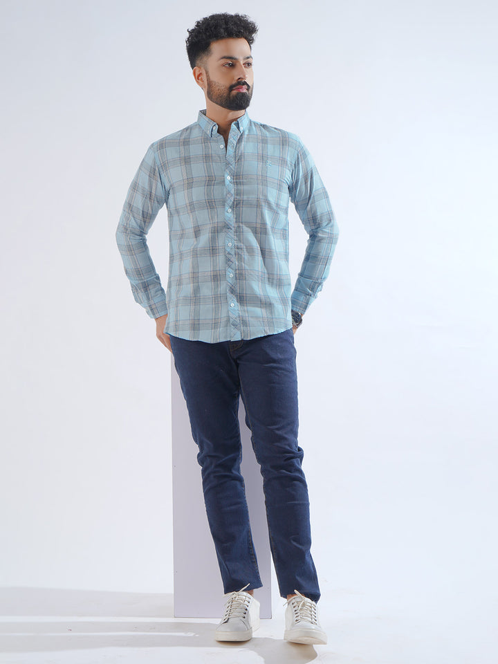 Light Blue Check Button Down Casual Shirt (CSC-215)