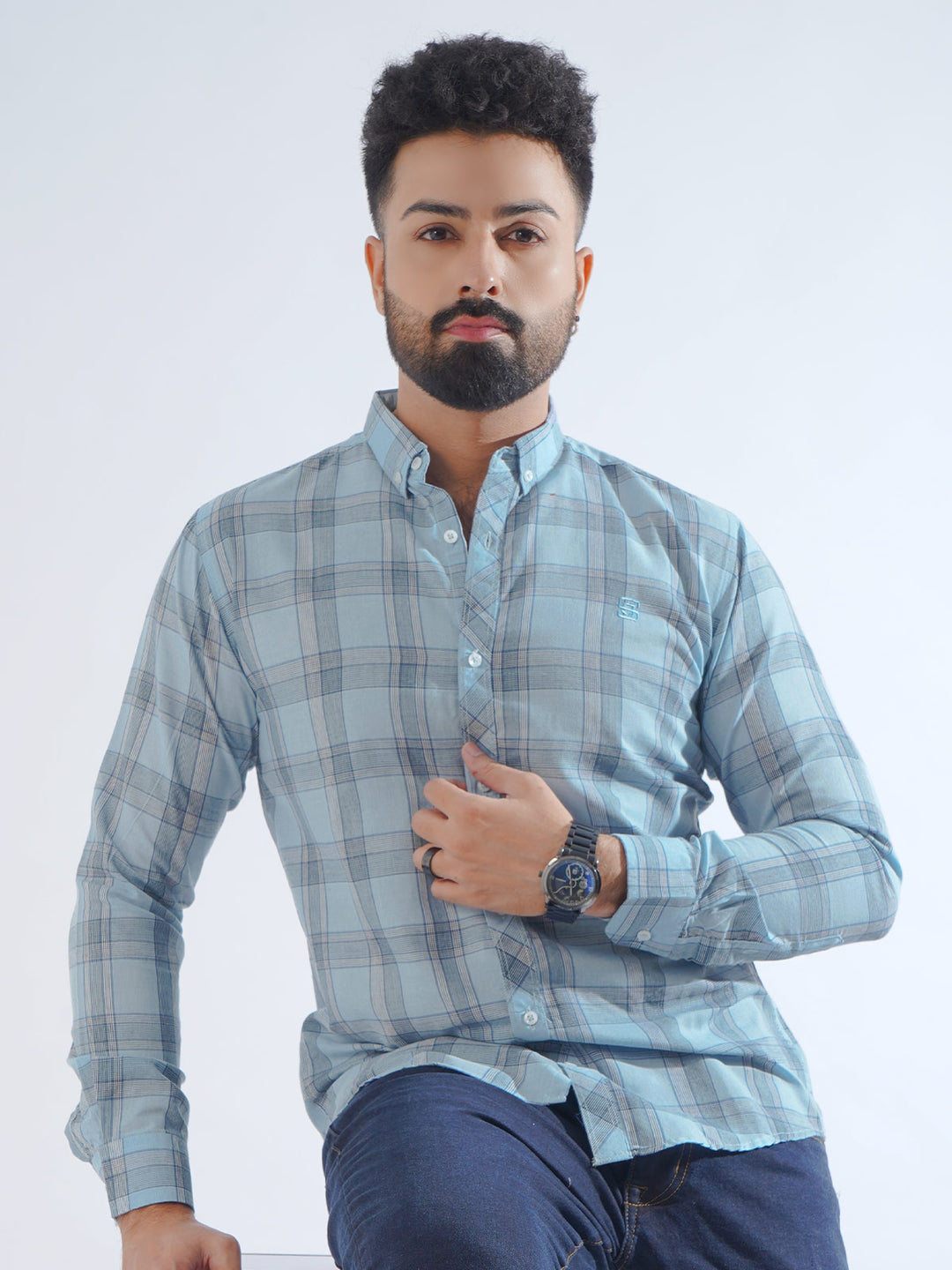 Light Blue Check Button Down Casual Shirt (CSC-215)