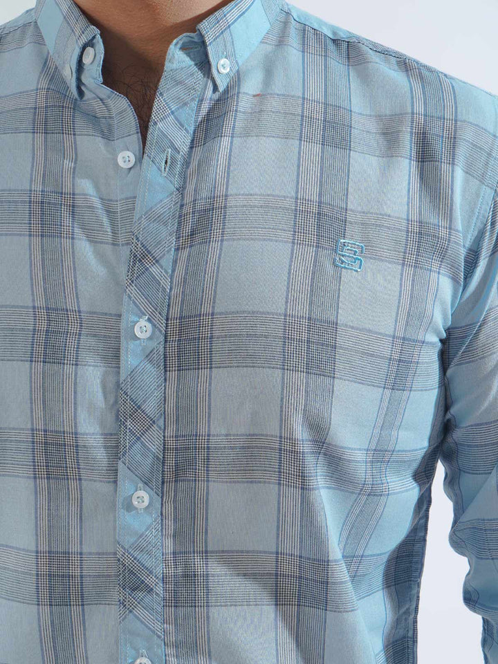 Light Blue Check Button Down Casual Shirt (CSC-215)