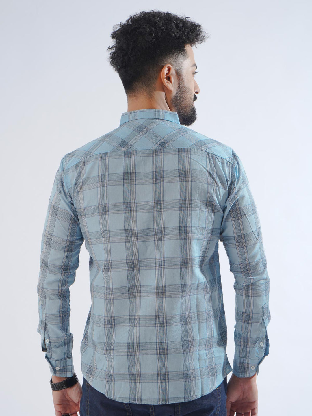 Light Blue Check Button Down Casual Shirt (CSC-215)