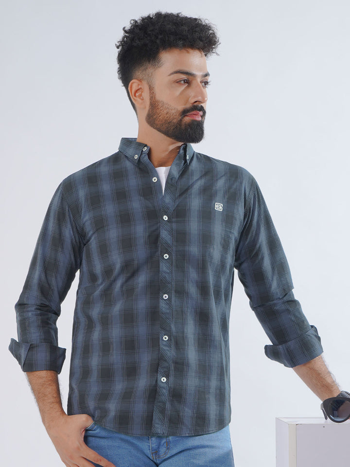 Navy Blue Check Button Down Casual Shirt (CSC-216)