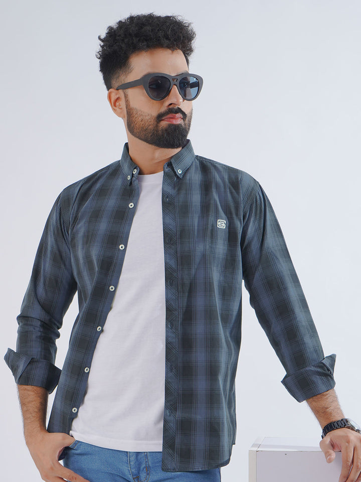 Navy Blue Check Button Down Casual Shirt (CSC-216)