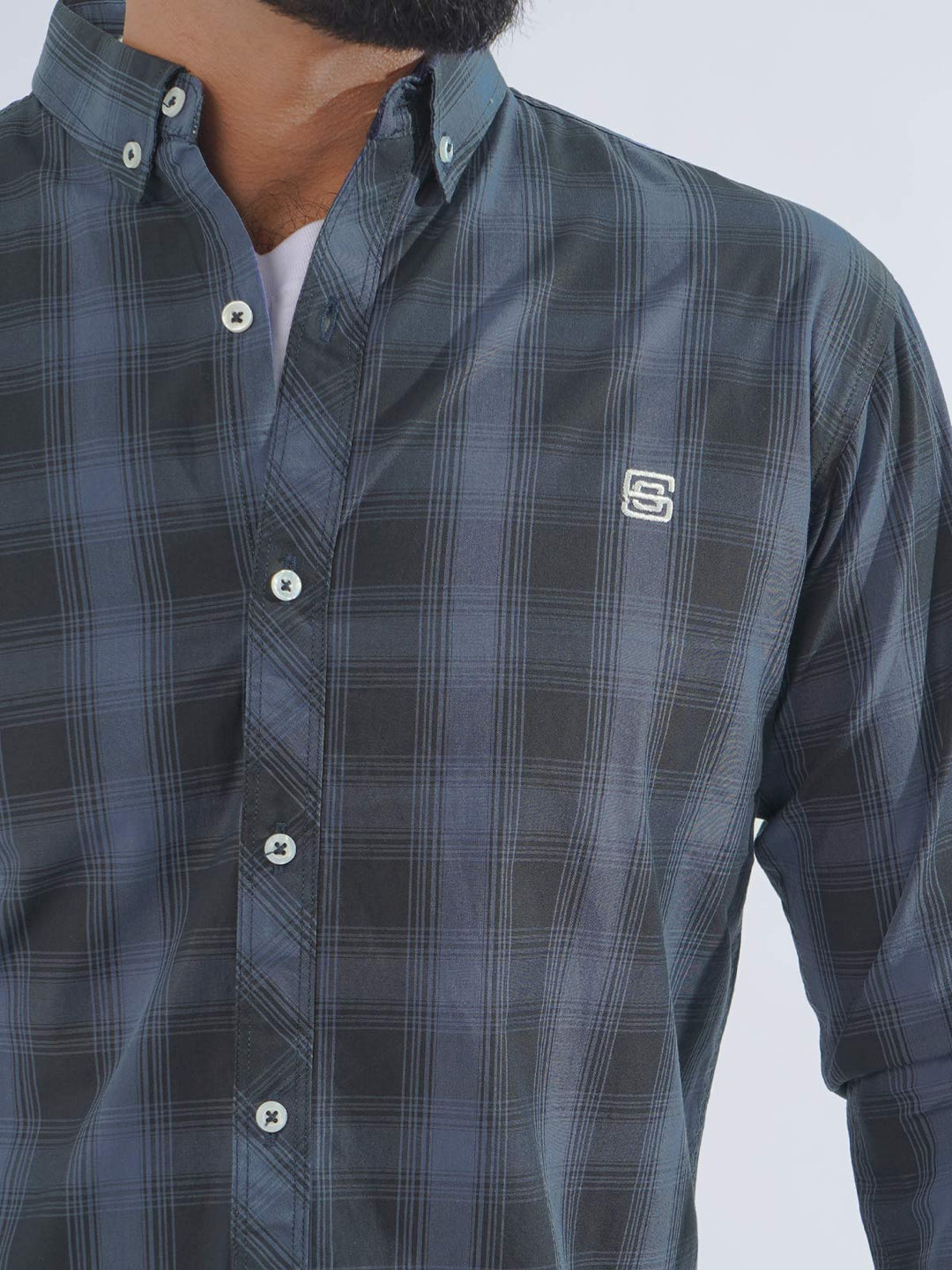 Navy Blue Check Button Down Casual Shirt (CSC-216)