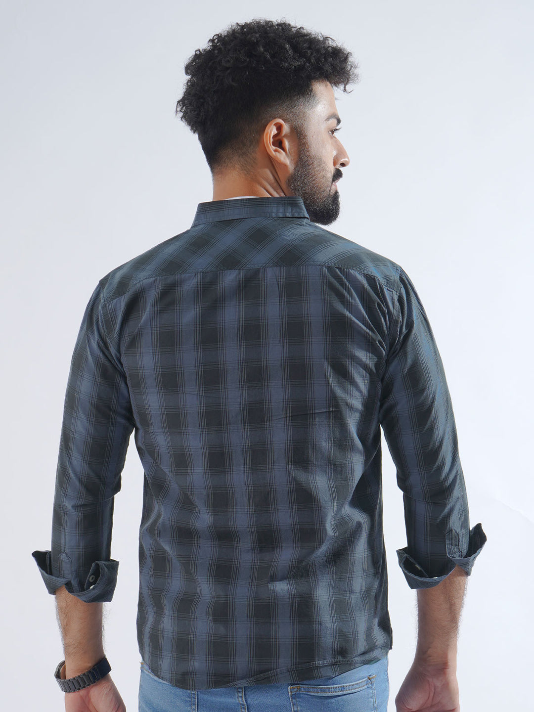 Navy Blue Check Button Down Casual Shirt (CSC-216)