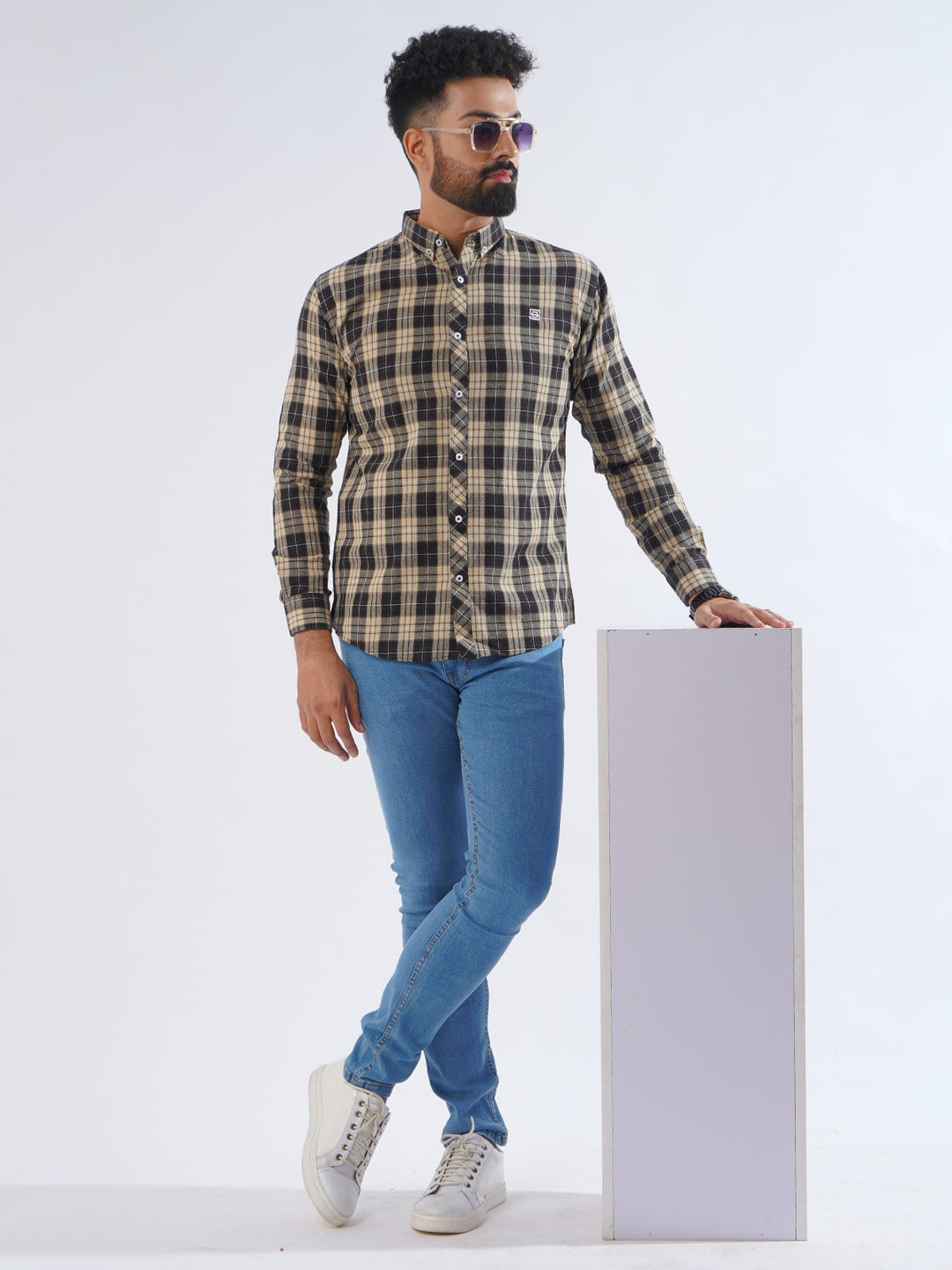 Light Brown & Black Check Button Down Casual Shirt (CSC-217)