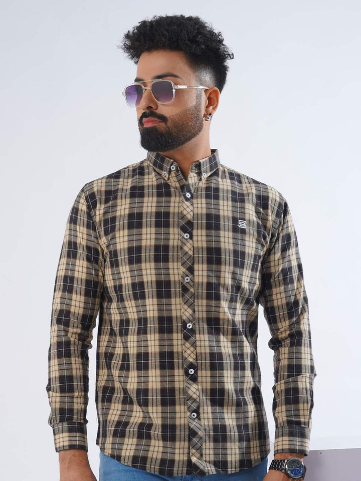 Light Brown & Black Check Button Down Casual Shirt (CSC-217)