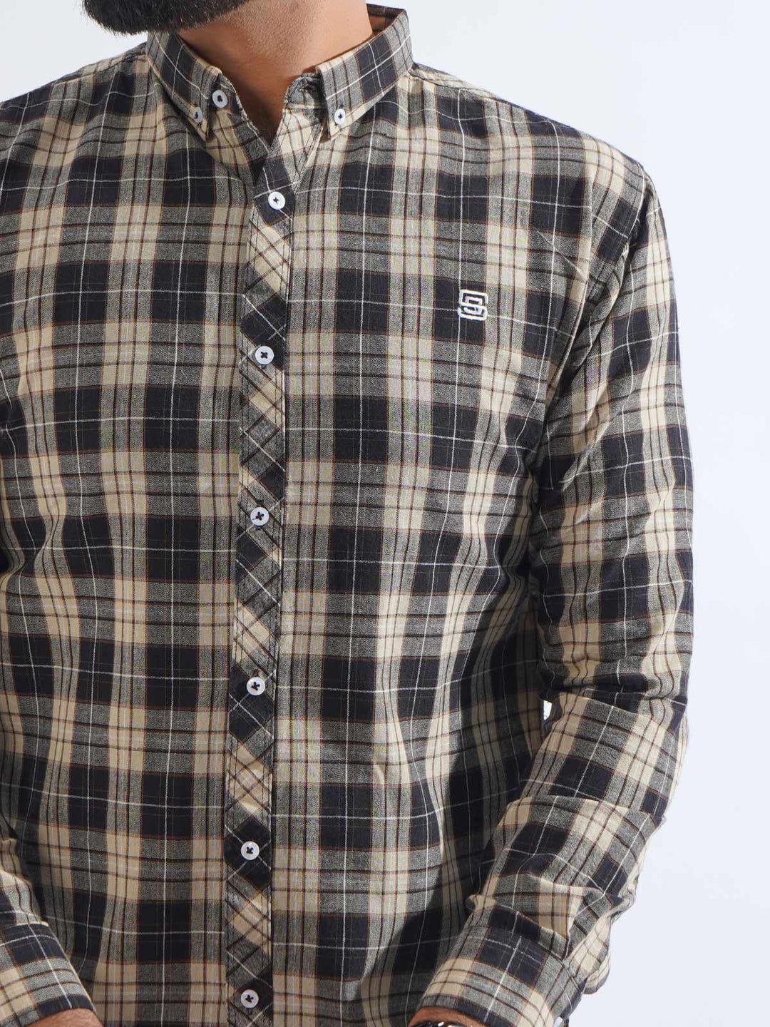 Light Brown & Black Check Button Down Casual Shirt (CSC-217)