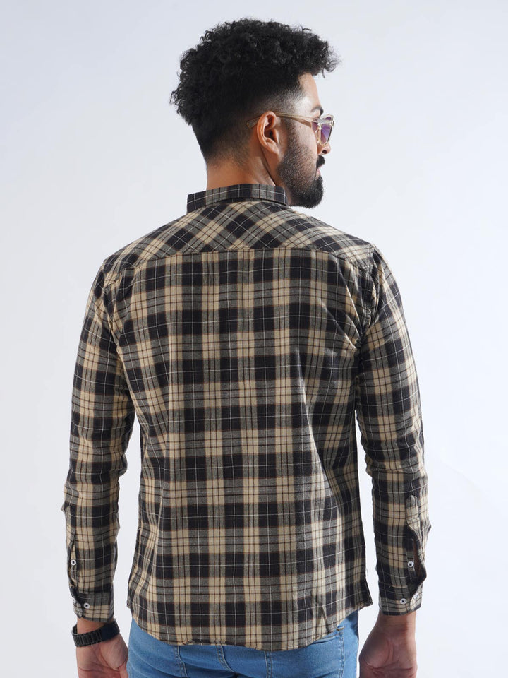 Light Brown & Black Check Button Down Casual Shirt (CSC-217)