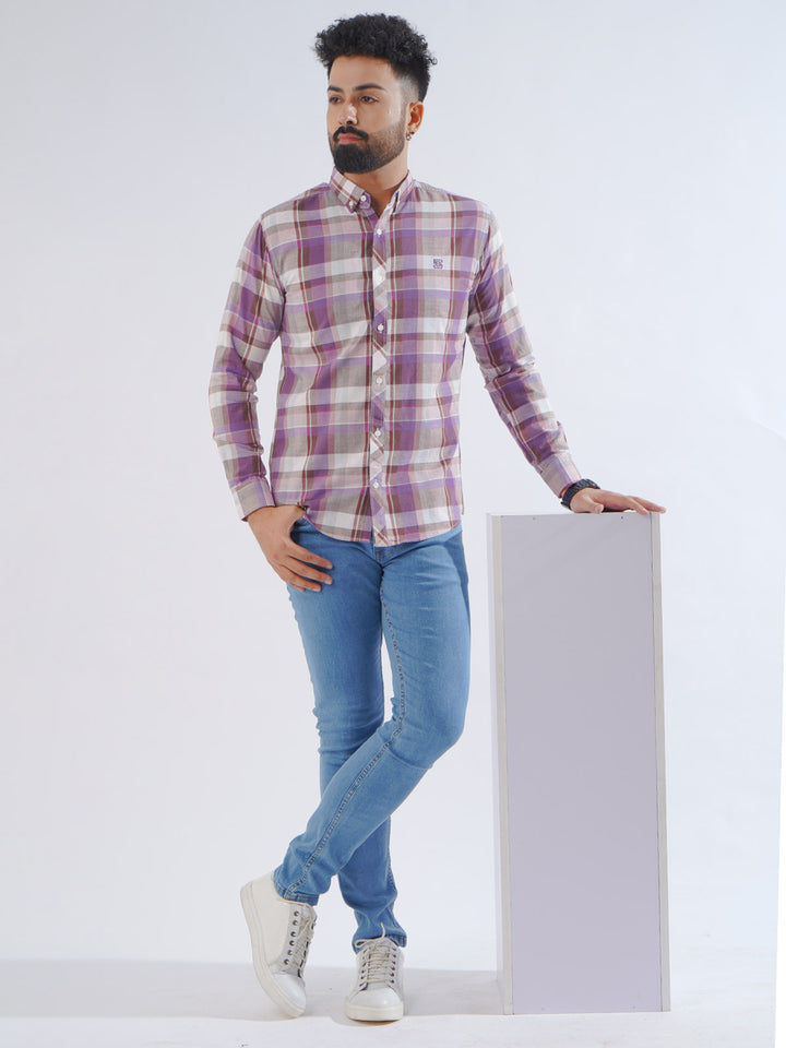 Purple Check Button Down Casual Shirt (CSC-220)