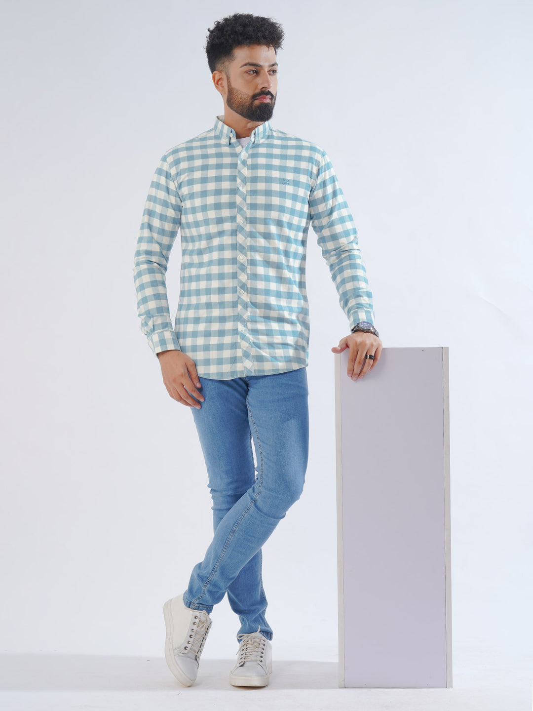 Light Blue Check Button Down Casual Shirt (CSC-229)