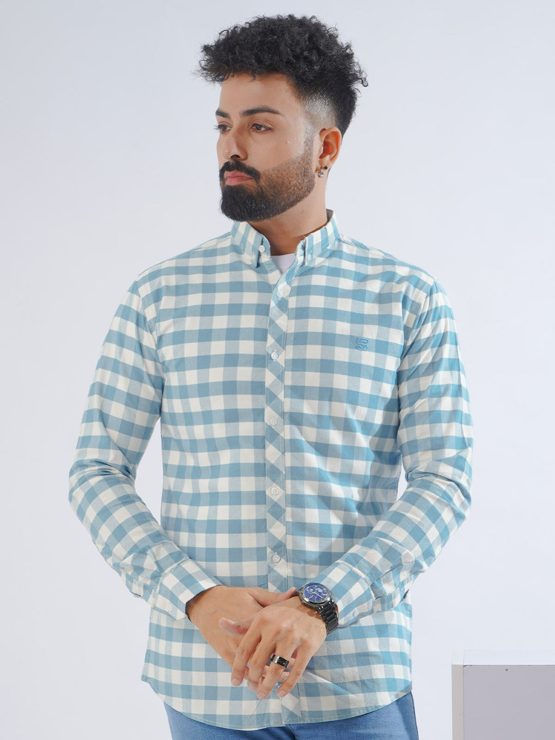 Light Blue Check Button Down Casual Shirt (CSC-229)