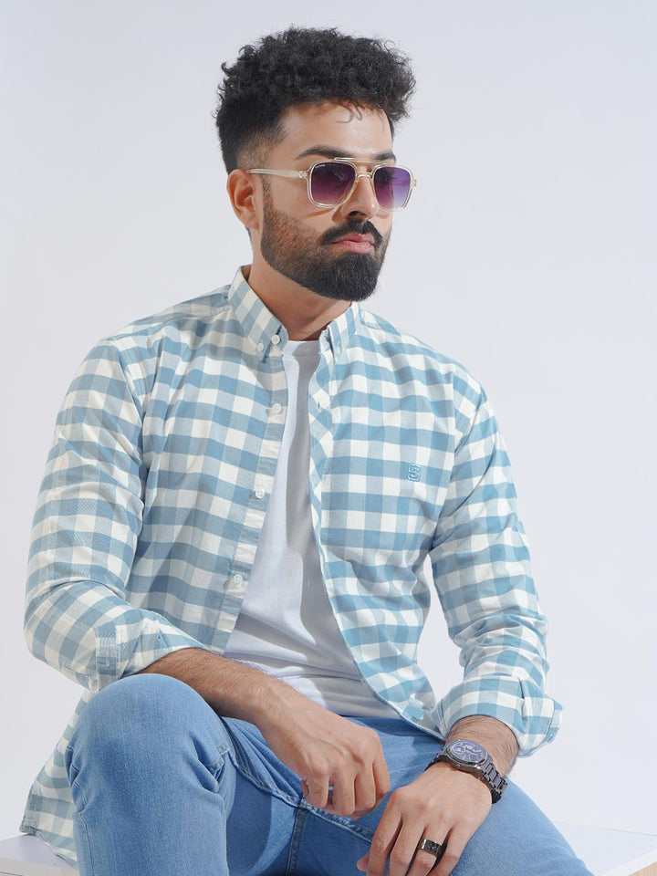 Light Blue Check Button Down Casual Shirt (CSC-229)