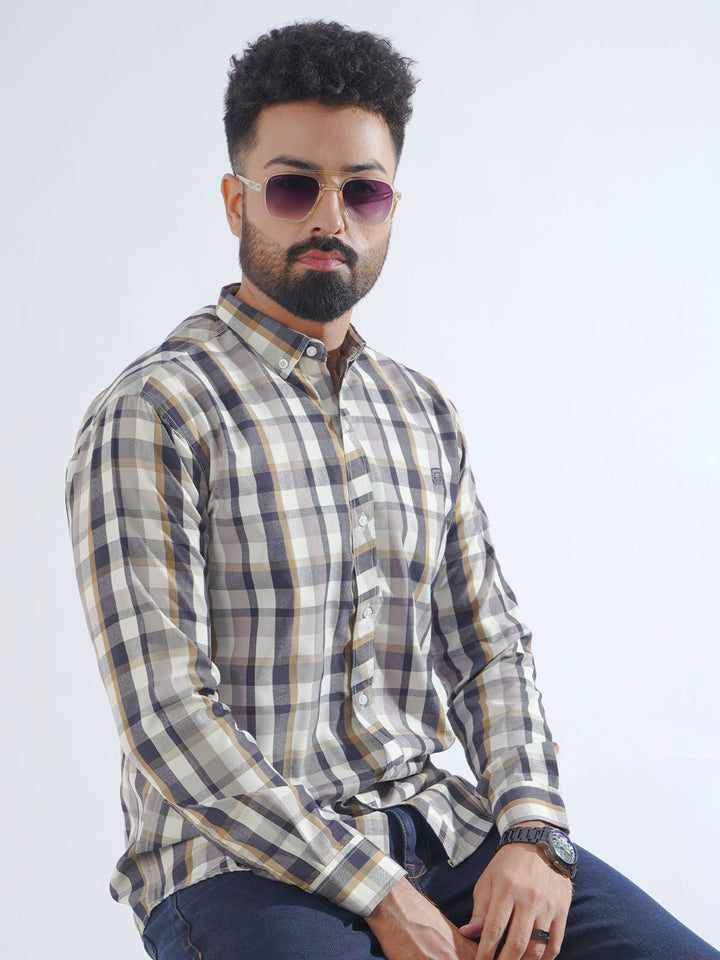 Light Brown Check Button Down Casual Shirt (CSC-230)