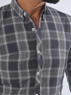 Dark Grey & Blue Check Button Down Casual Shirt (CSC-234)