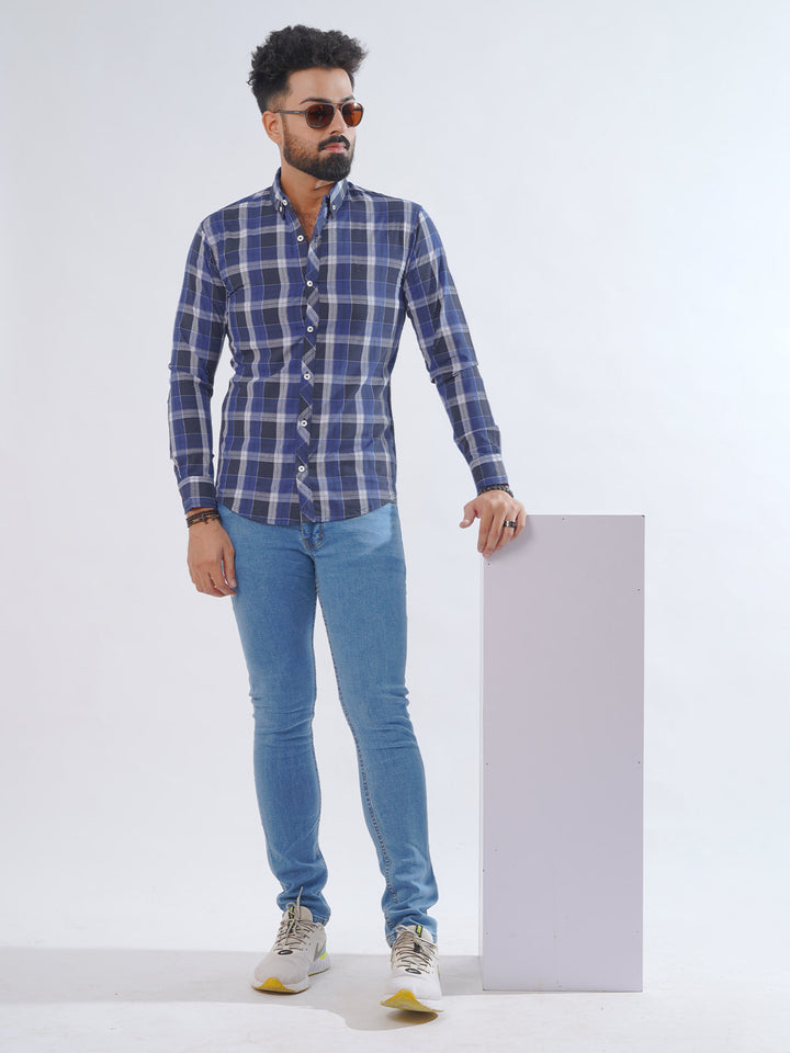 Blue & White Check Button Down Casual Shirt (CSC-235)