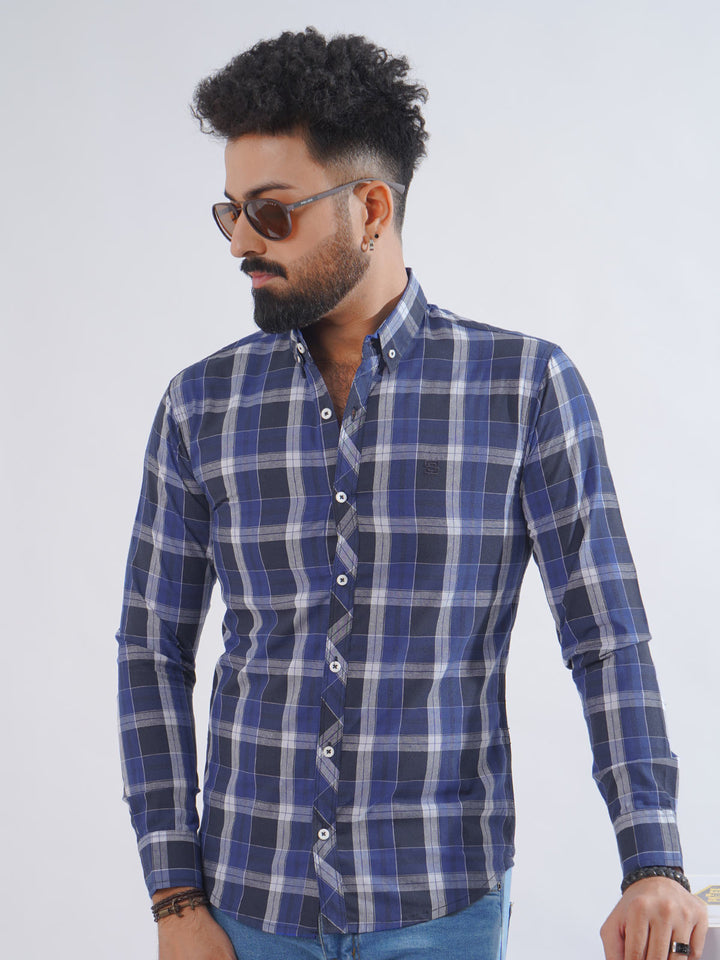 Blue & White Check Button Down Casual Shirt (CSC-235)