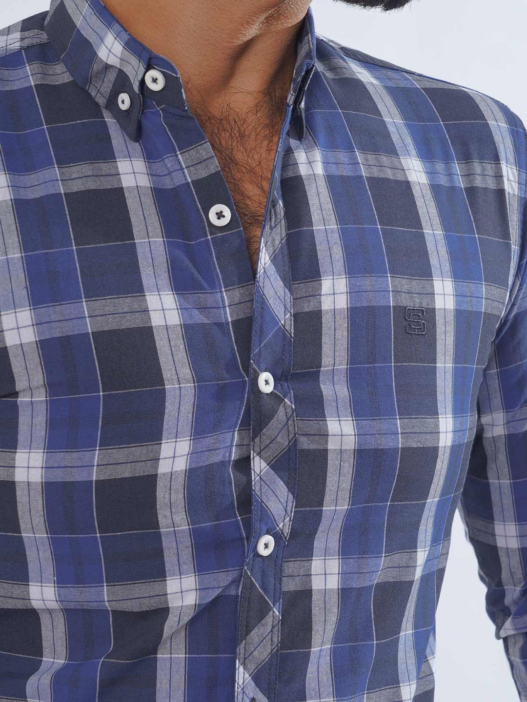 Blue & White Check Button Down Casual Shirt (CSC-235)