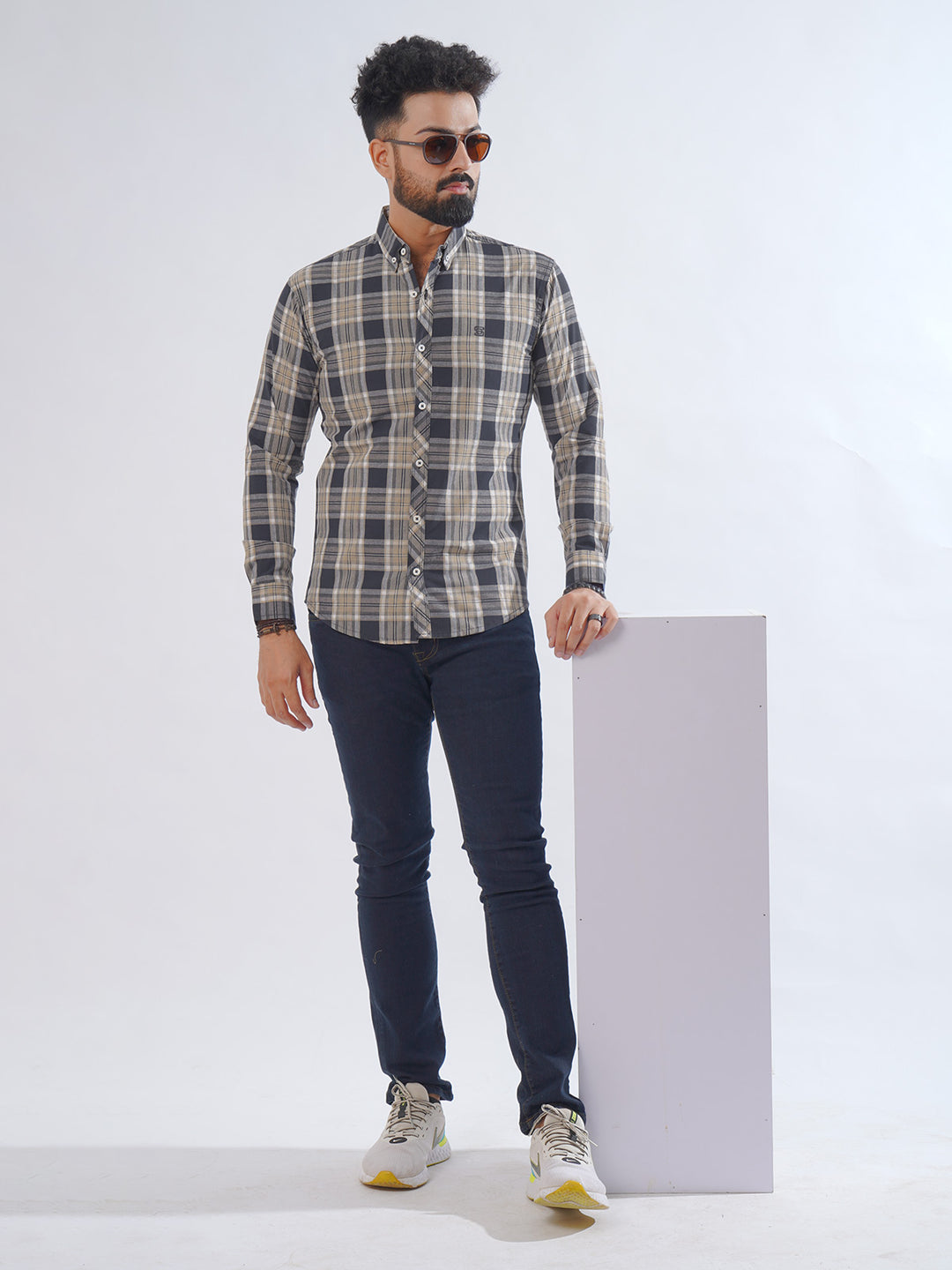 Navy Blue Check Button Down Casual Shirt (CSC-237)