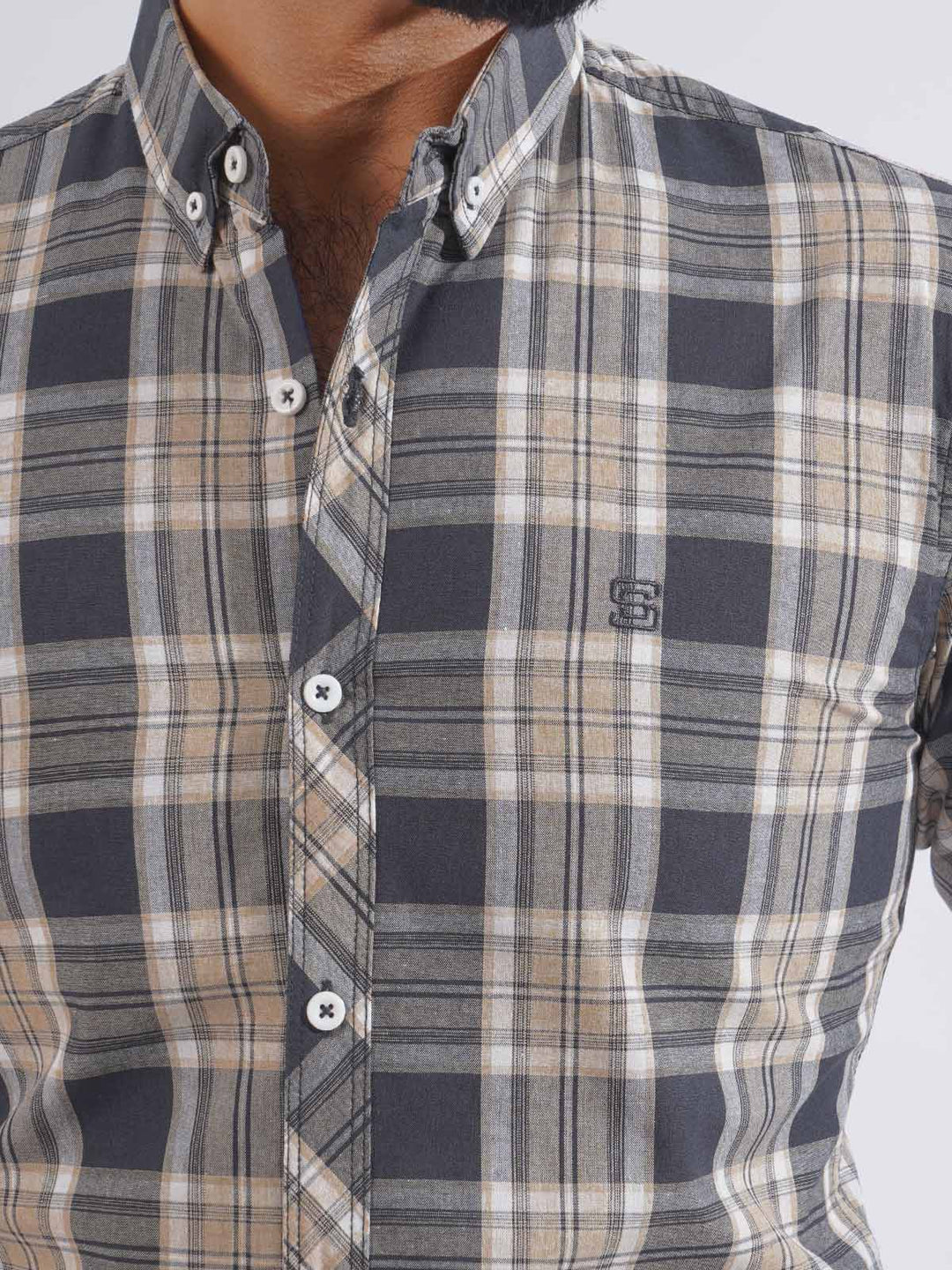 Navy Blue Check Button Down Casual Shirt (CSC-237)