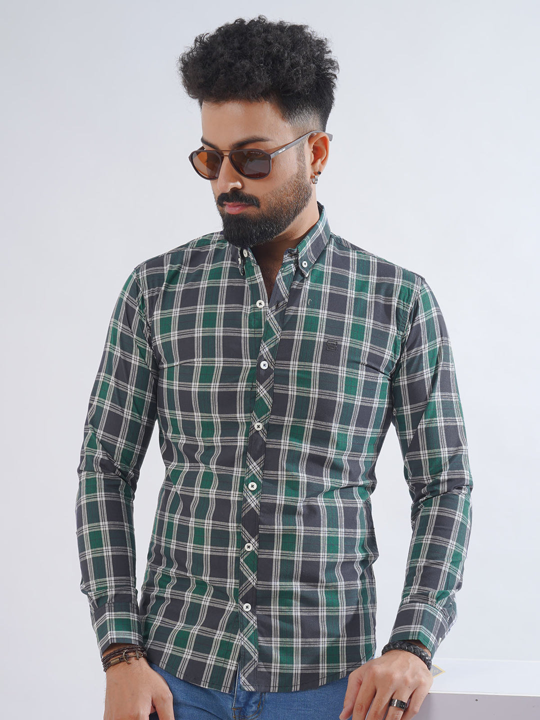 Blue & Green Check Button Down Casual Shirt (CSC-239)