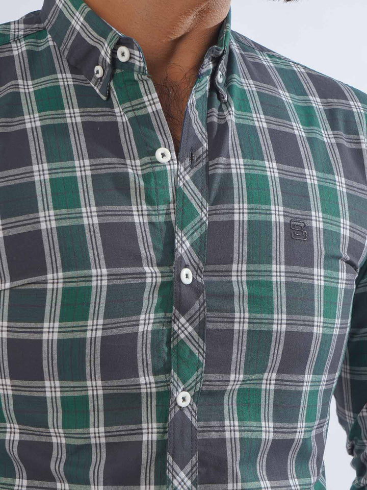 Blue & Green Check Button Down Casual Shirt (CSC-239)