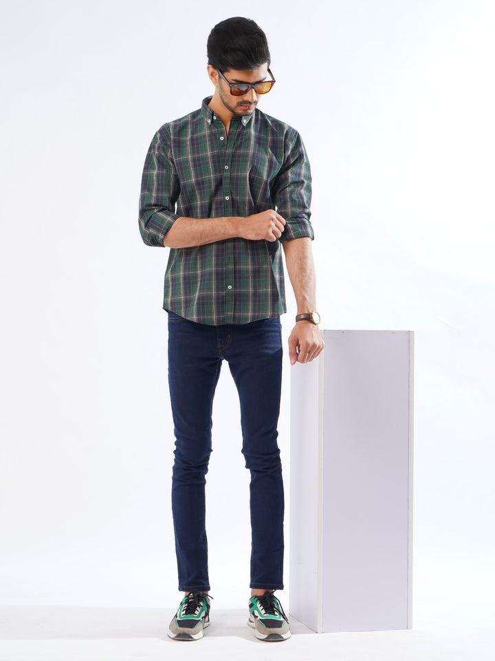 Dark Green & Navy Check Button Down Casual Shirt (CSC-241)