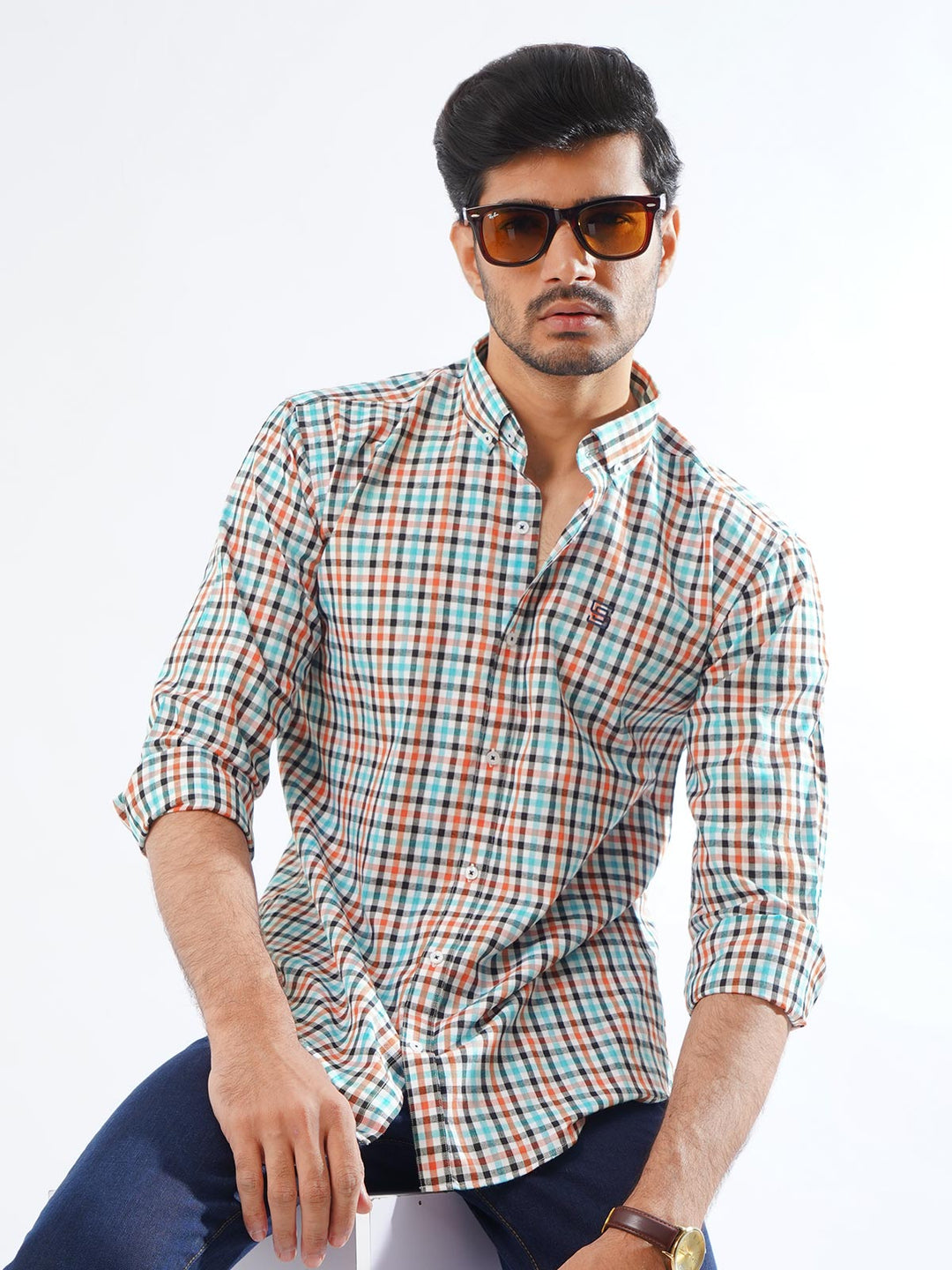 Multi Color Check Button Down Casual Shirt (CSC-244)