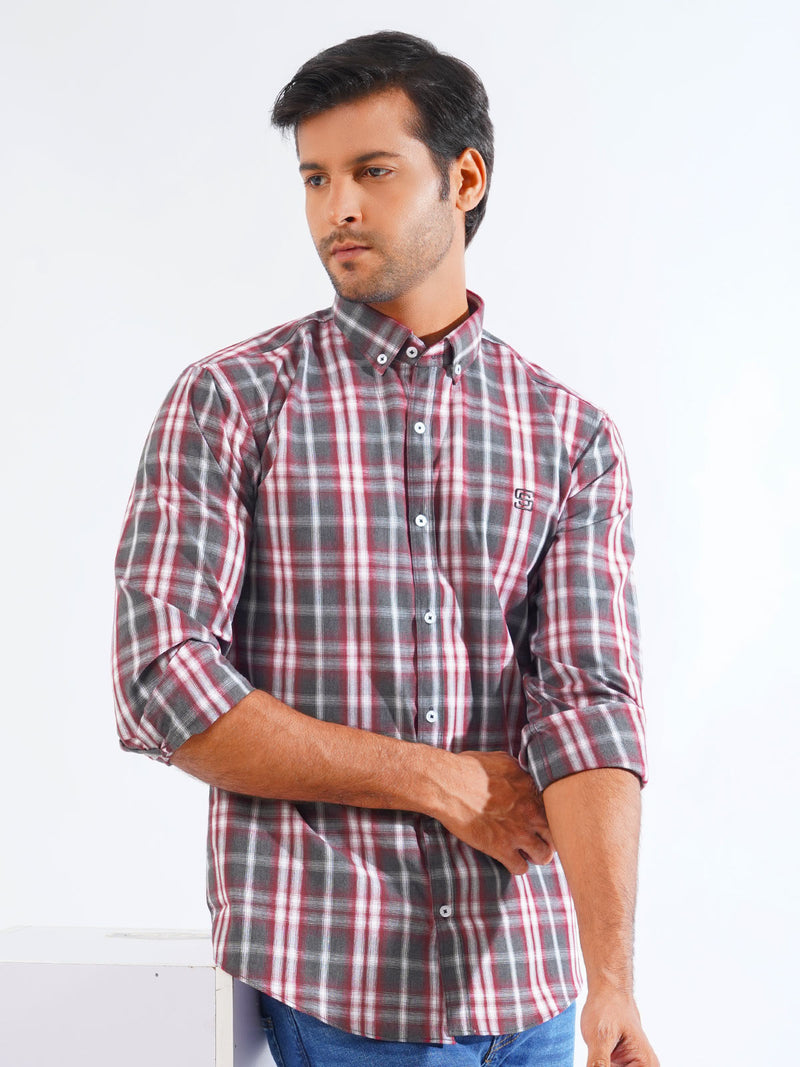 Grey & Red Check Button Down Casual Shirt (CSC-246)