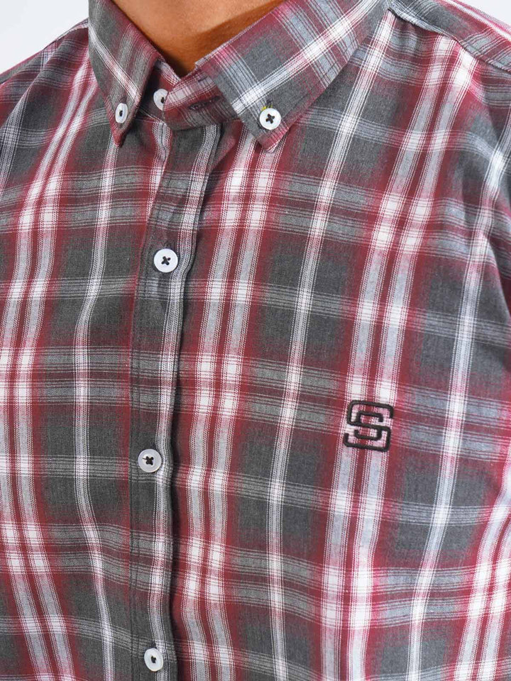 Grey & Red Check Button Down Casual Shirt (CSC-246)