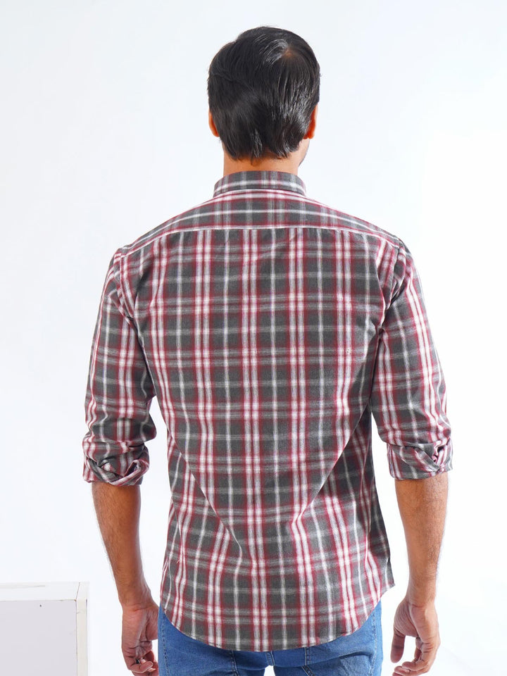 Grey & Red Check Button Down Casual Shirt (CSC-246)