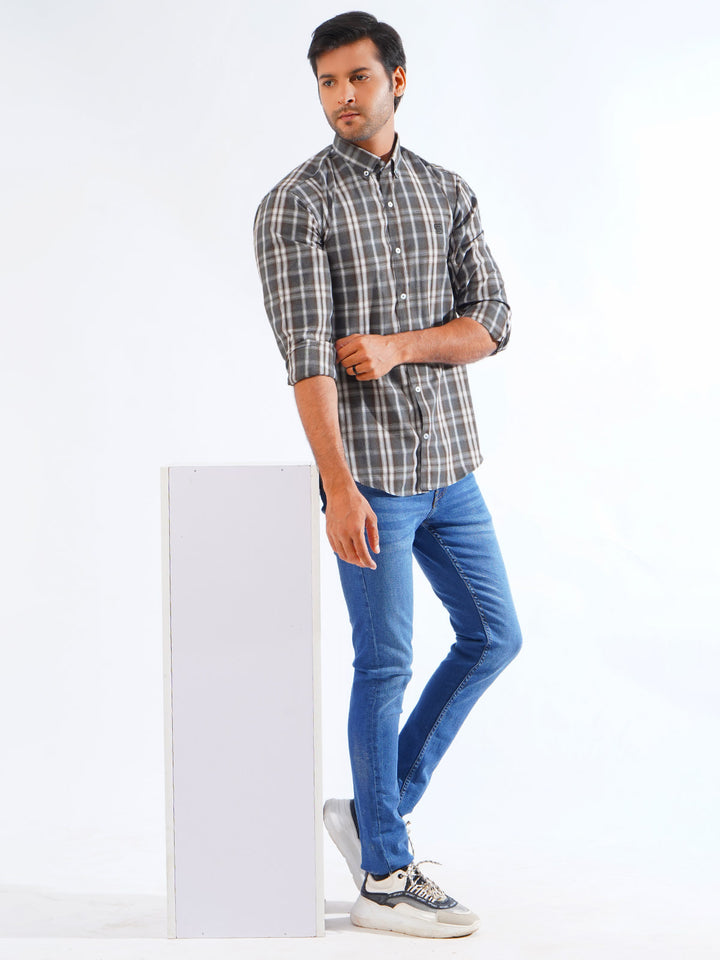 Grey & White Check Button Down Casual Shirt (CSC-247)