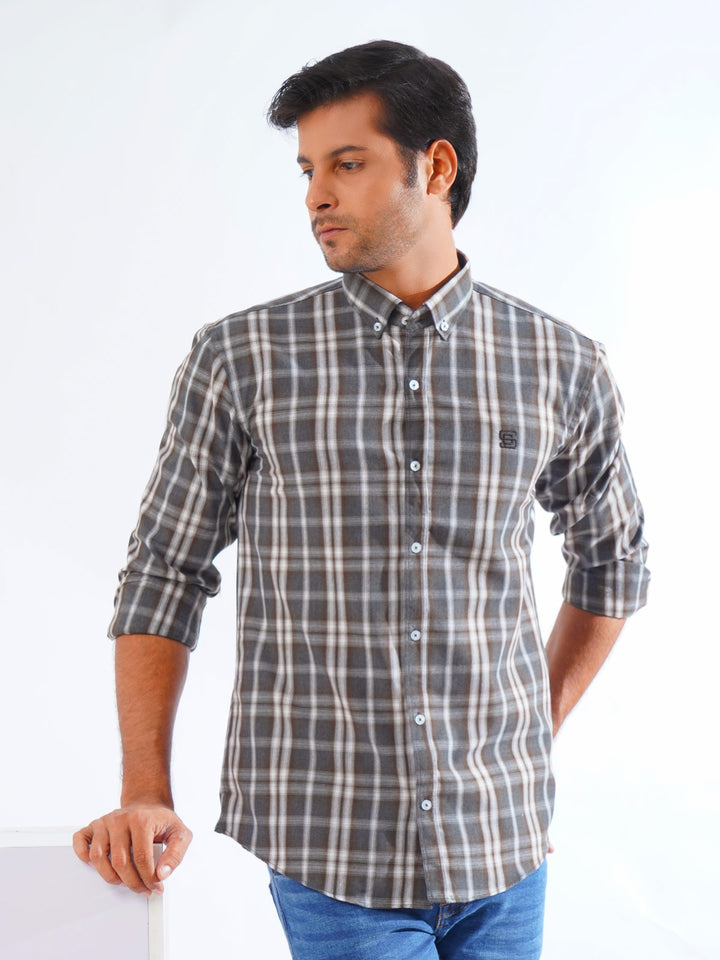 Grey & White Check Button Down Casual Shirt (CSC-247)