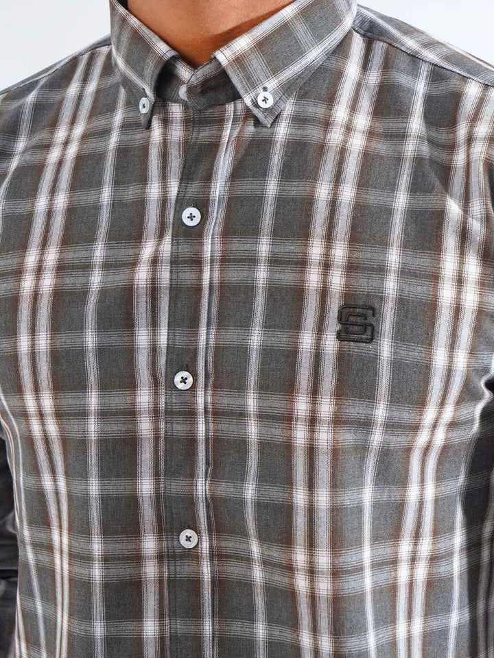 Grey & White Check Button Down Casual Shirt (CSC-247)