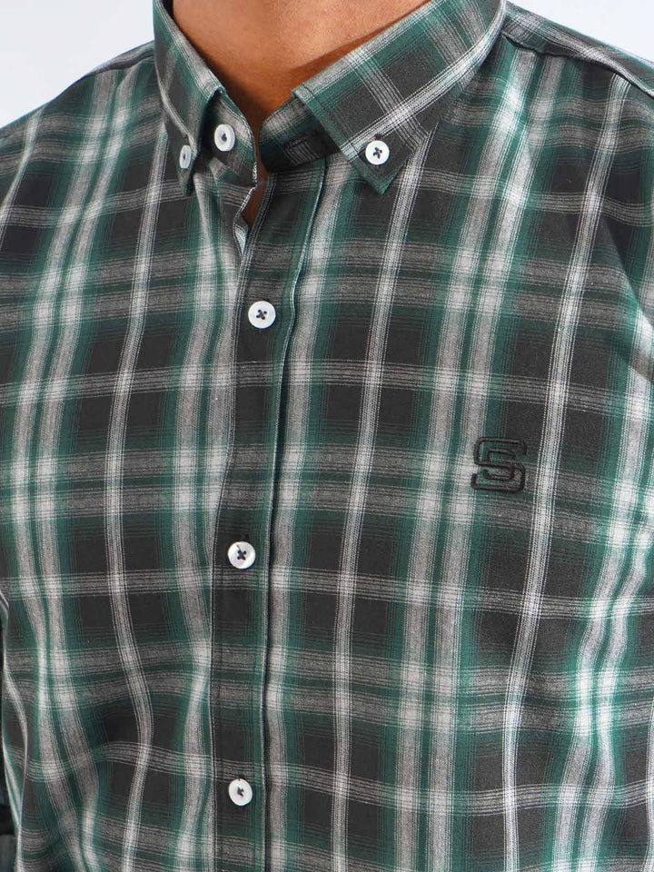 Green & Black Check Button Down Casual Shirt (CSC-248)