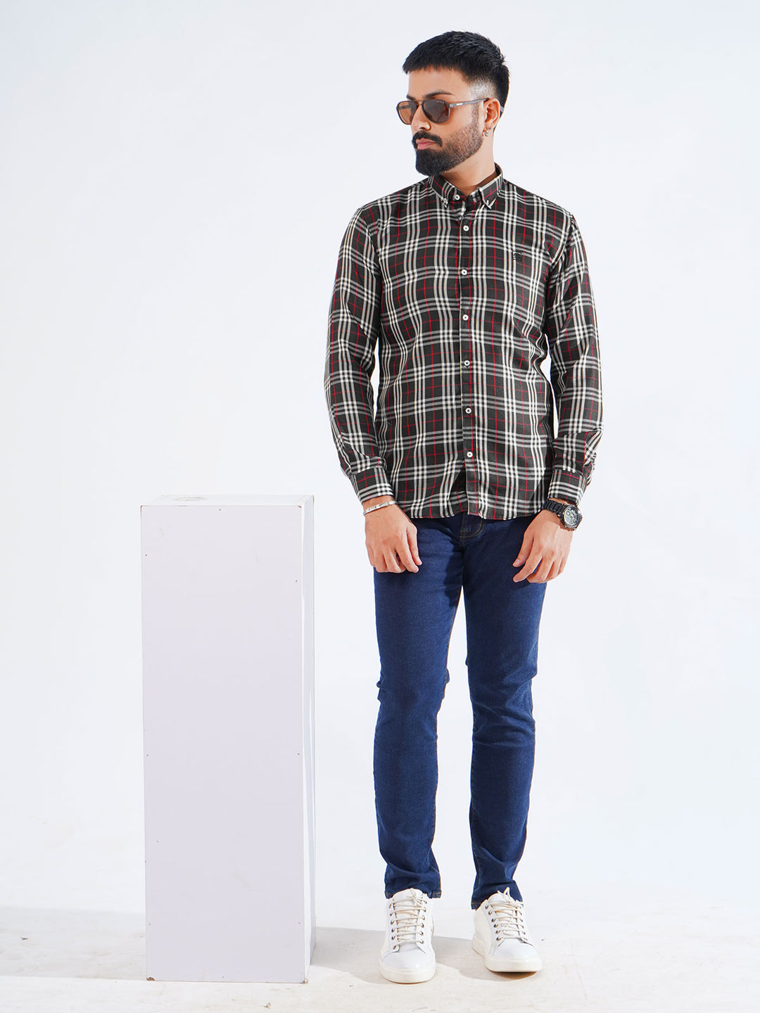 Black & White Check Button Down Casual Shirt (CSC-249)